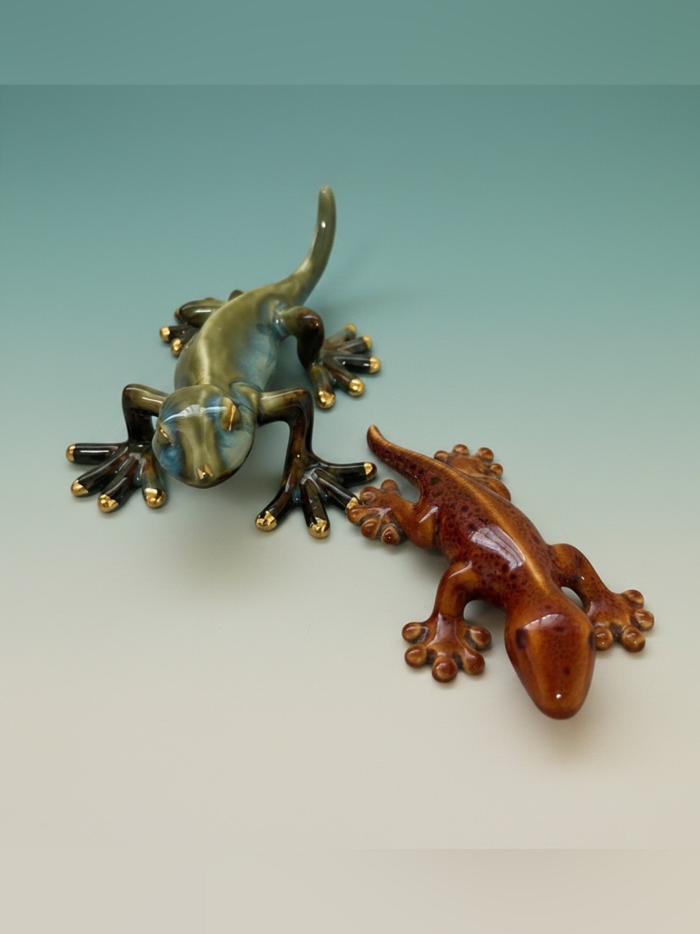 Vintage Glazed Ceramic Gecko Lizard Figurines - Set of 2